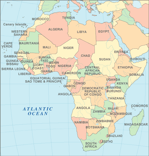 world maps with countries and cities. African Countries