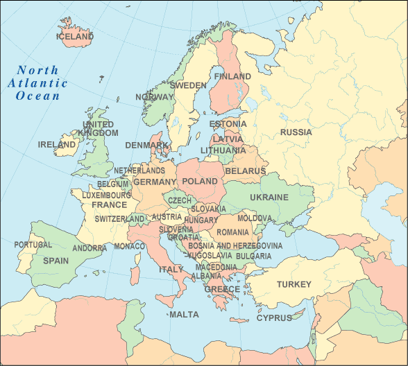 world map with countries and capitals. European Countries